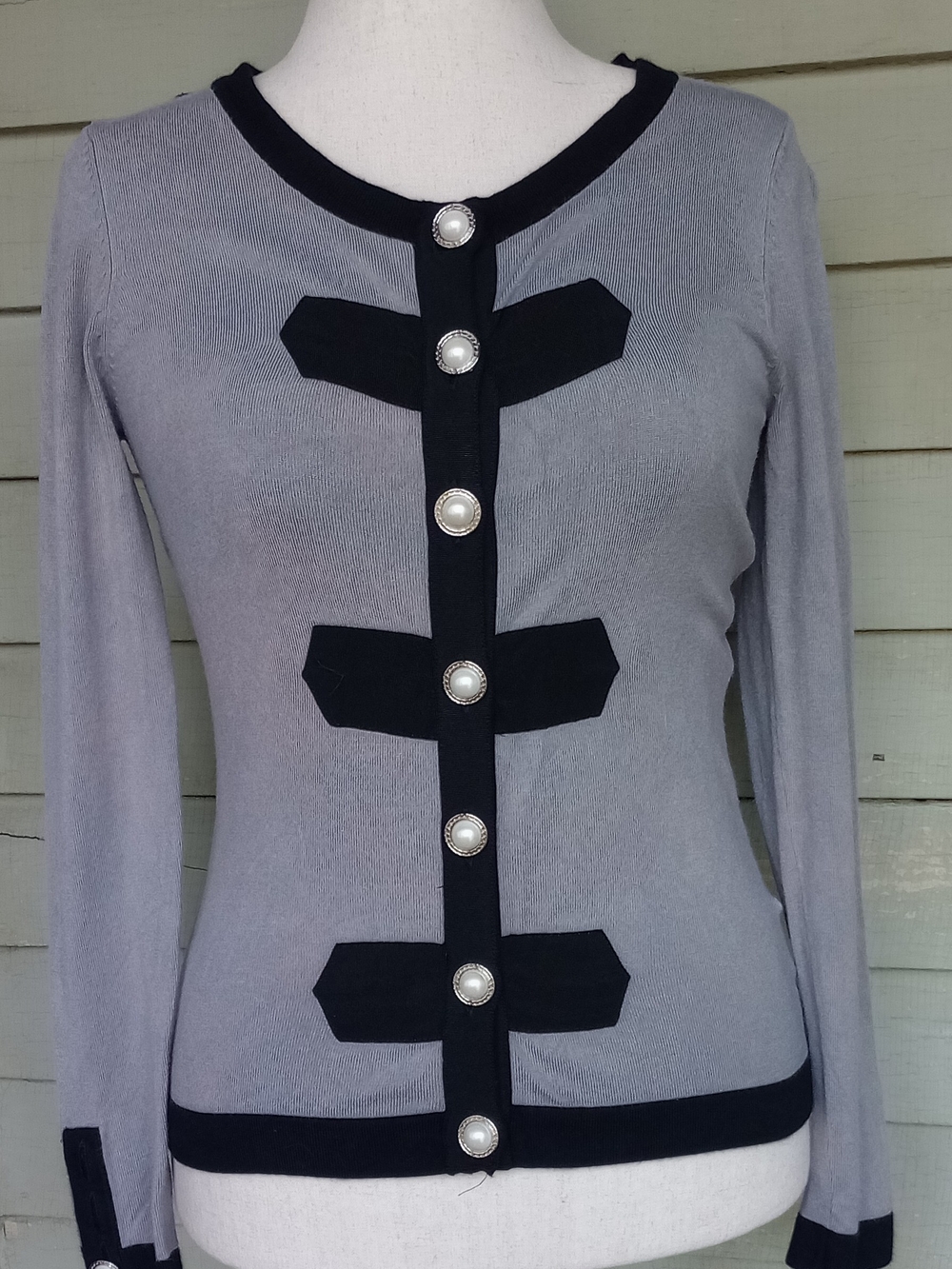 Twelve by Twelve Gray Cardigan with Black Trim & Pearl Buttons